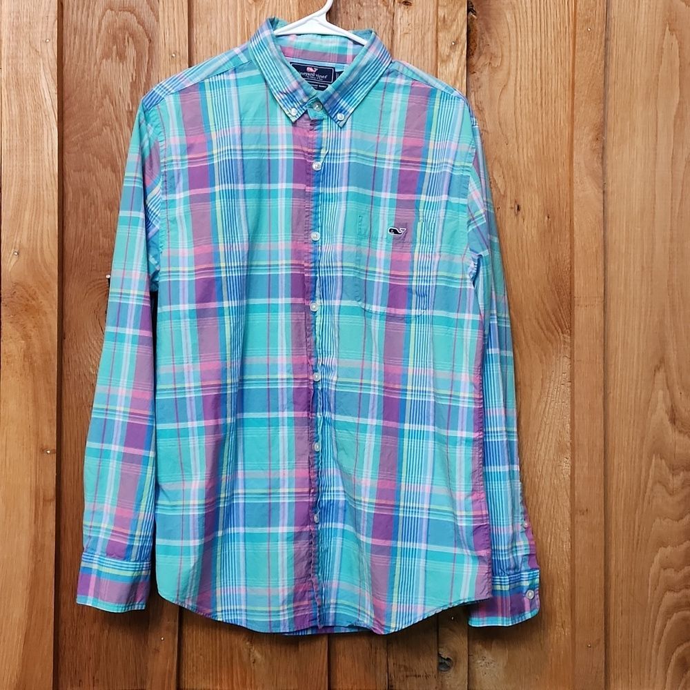 Vineyard Vines Slim Fit Tucker Button Down Shirt, Large, Green Blue & Pink Plaid